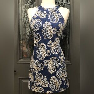 Ann Taylor Loft High Halter Neck Navy Blue with White & Tan Paisley Print Dress